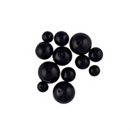 Glass Pearl Black Beads, Round, Mix Pack of 49, size range 4mm to 10mm, Jewellery Making, Craft, Beading