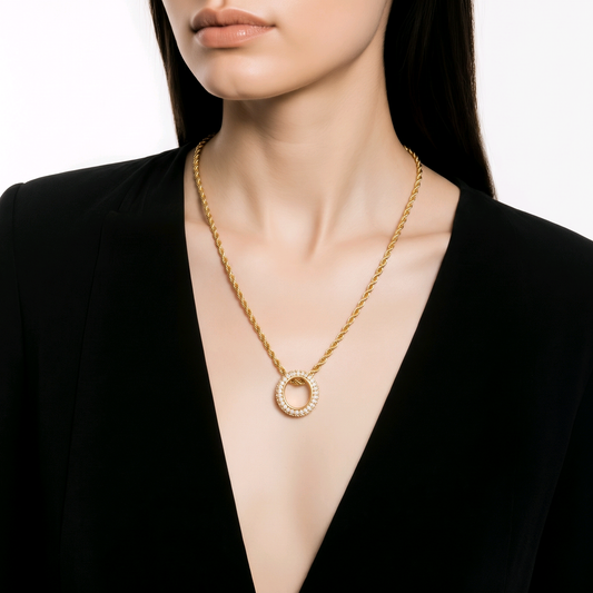 Necklace with Crystal Embellished Ring, 18K Gold Plated Stainless Steel