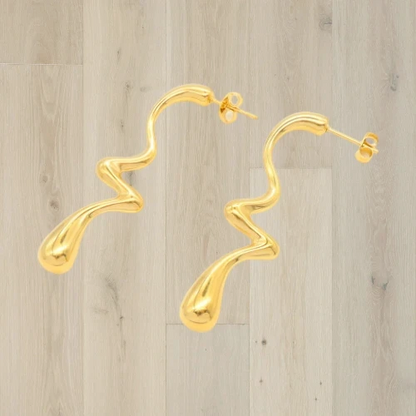 Elegant Wavy Drop Statement Earrings 18K Gold