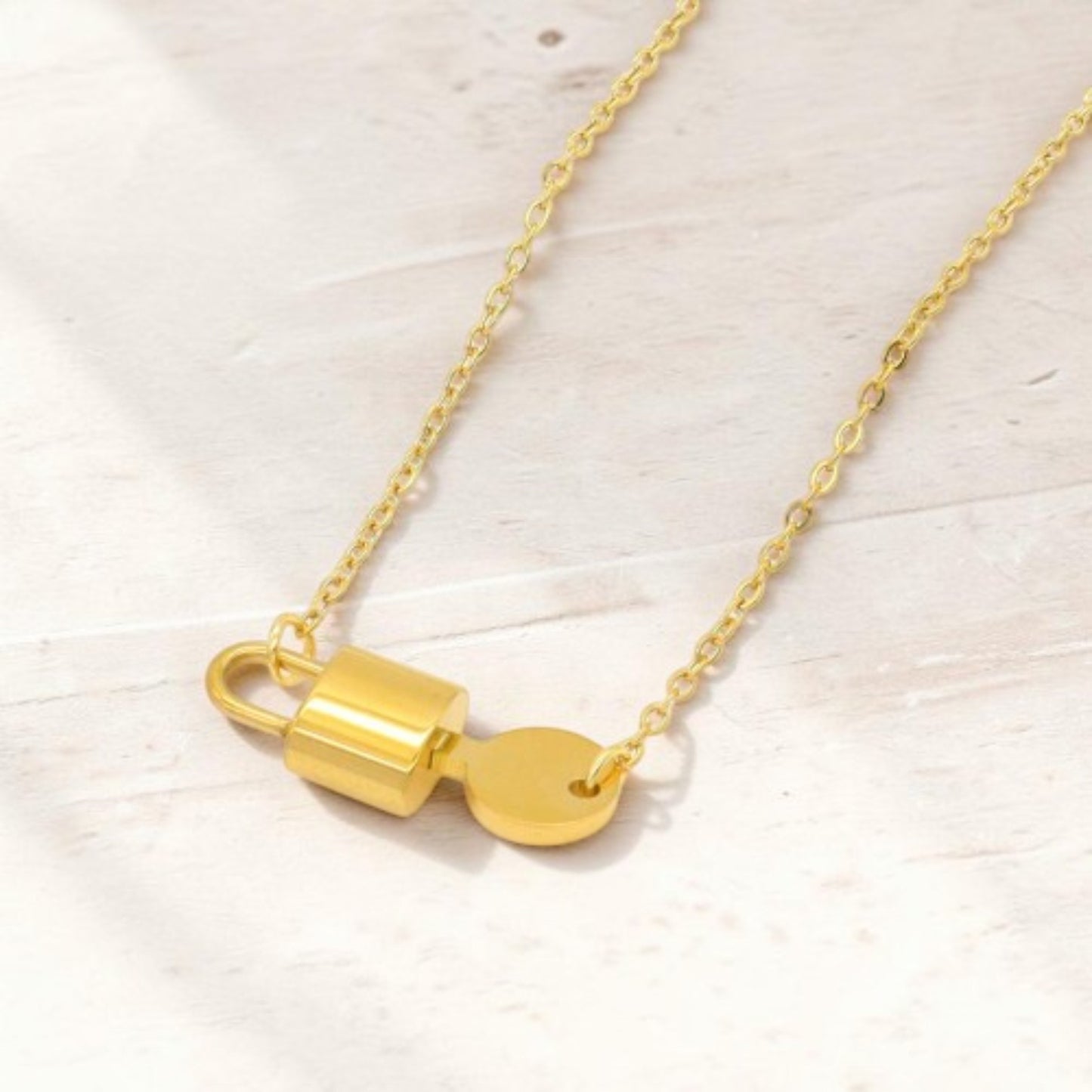 Gold Padlock and Key pendant necklace.  18K Gold Plated stainless steel non-tarnish