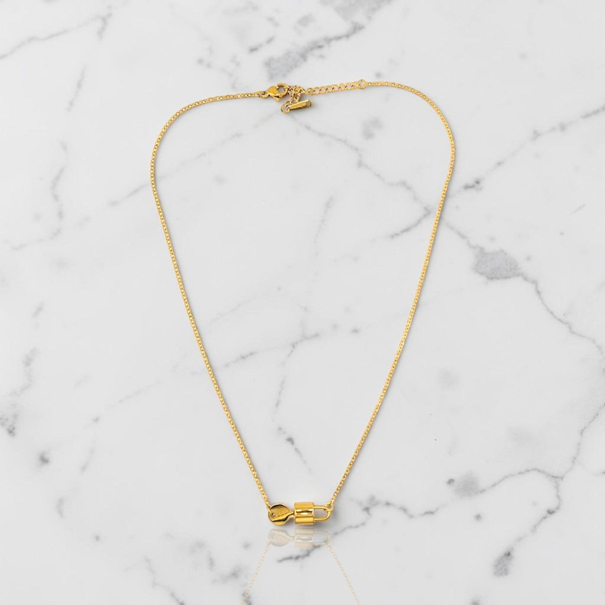 Gold Padlock and Key pendant necklace.  18K Gold Plated stainless steel non-tarnish