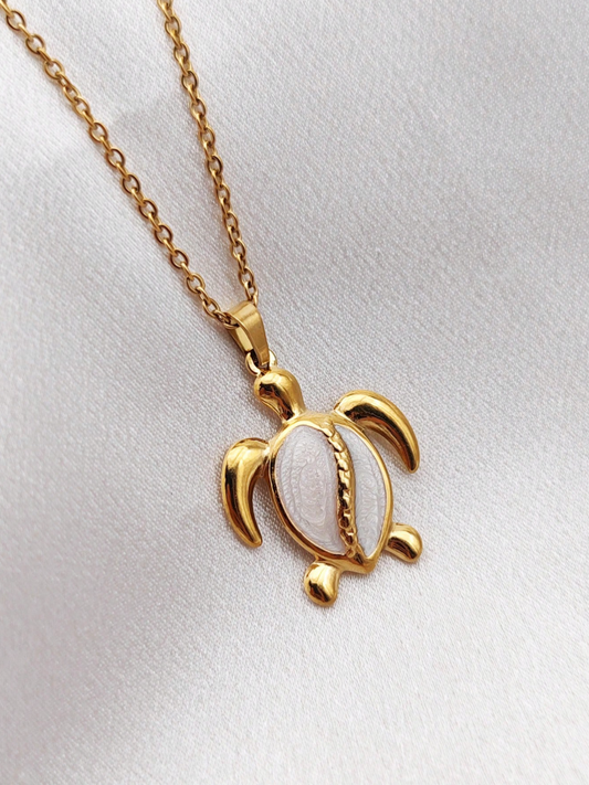 White turtle pendant necklace, 18K Gold Stainless Steel with shell insert