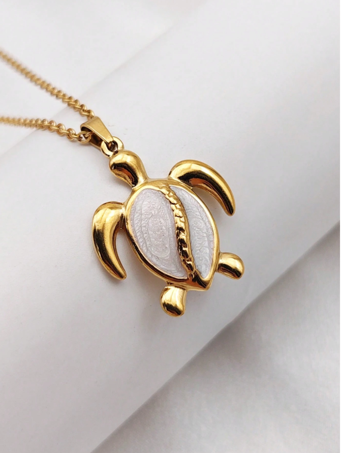 White turtle pendant necklace, 18K Gold Stainless Steel with shell insert