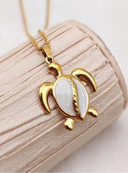 White turtle pendant necklace, 18K Gold Stainless Steel with shell insert