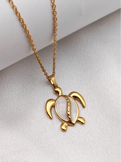 White turtle pendant necklace, 18K Gold Stainless Steel with shell insert