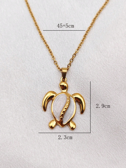 White turtle pendant necklace, 18K Gold Stainless Steel with shell insert