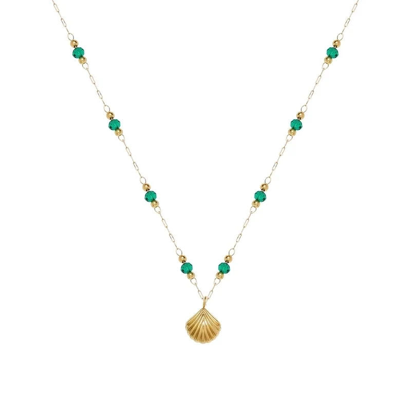 Gold Shell Pendant and Satellite Chain Necklace with Green Crystals, 18k Gold Stainless Steel