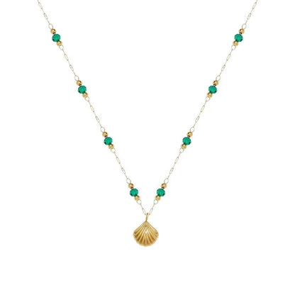 Gold Shell Pendant and Satellite Chain Necklace with Green Crystals, 18k Gold Stainless Steel