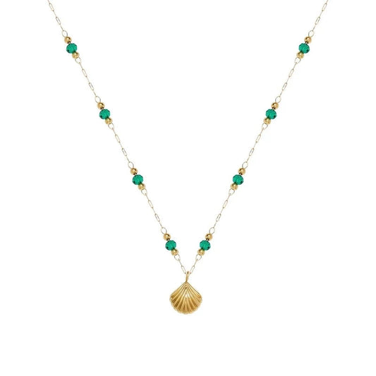 Gold Shell Pendant and Satellite Chain Necklace with Green Crystals, 18k Gold Stainless Steel