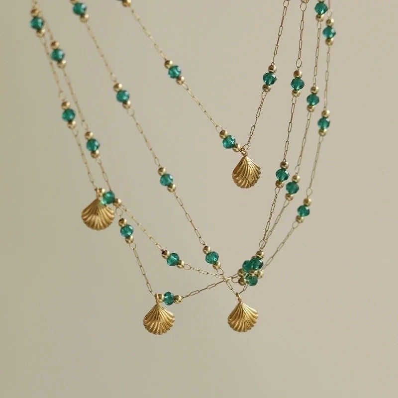 Gold Shell Pendant and Satellite Chain Necklace with Green Crystals, 18k Gold Stainless Steel