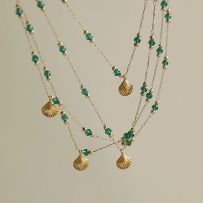 Gold Shell Pendant and Satellite Chain Necklace with Green Crystals, 18k Gold Stainless Steel
