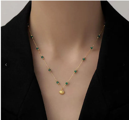 Ninky Designs Gold Shell Pendant and Satellite Chain Necklace with Green Crystals, 18k Gold Stainless Steel