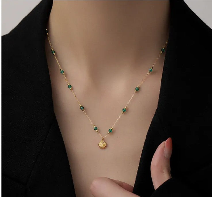 Ninky Designs Gold Shell Pendant and Satellite Chain Necklace with Green Crystals, 18k Gold Stainless Steel