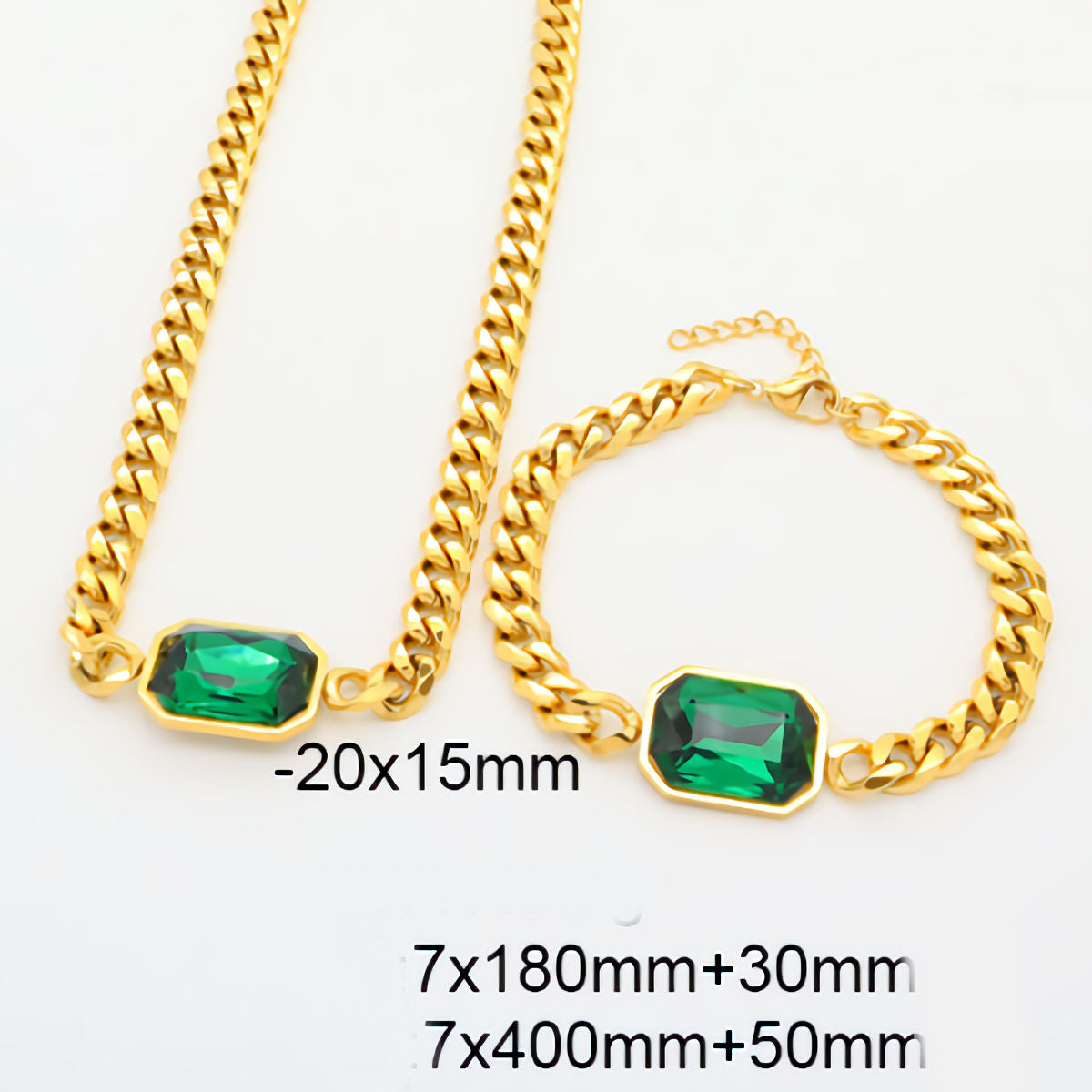 Ninky Designs Emerald-Cut Crystal Pendant Necklace and Bracelet Set 18K Gold Plated Stainless Steel measurements