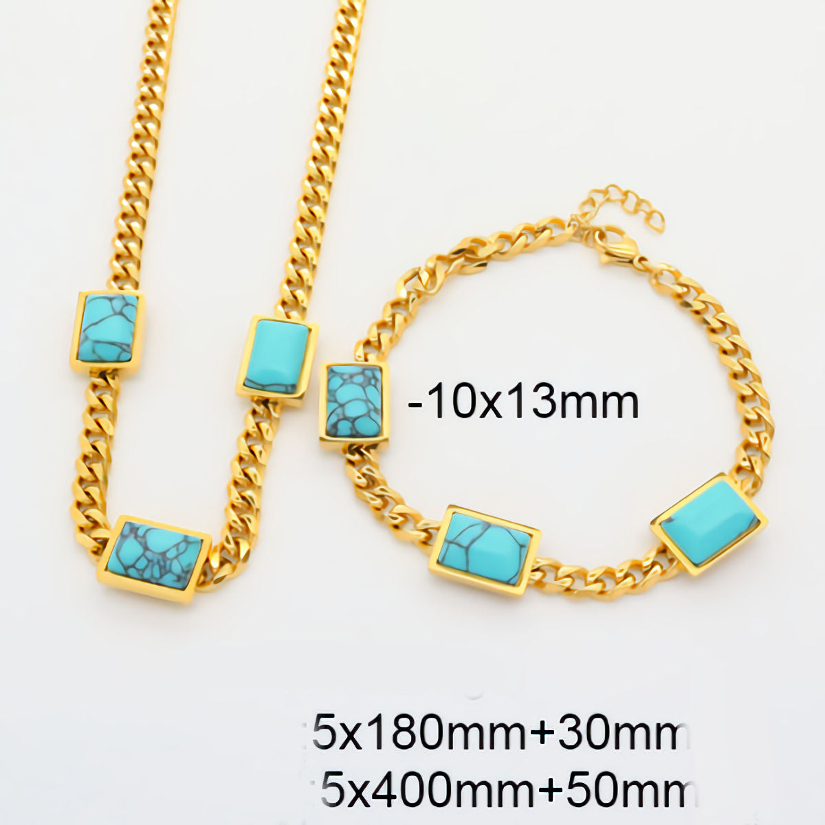 Ninky Design Gold chain necklace with turquoise stones on a white background