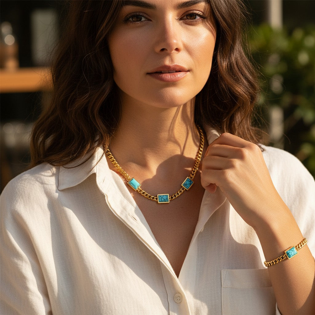 Turquoise Bezel Necklace and Bracelet SET 18K Gold plated Stainless Steel