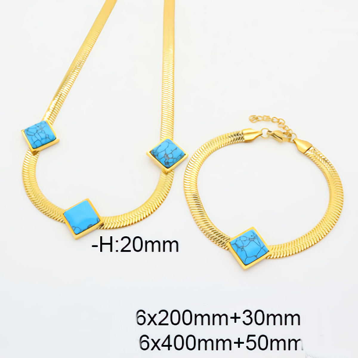 Gold snake chain necklace and matching bracelet set with square blue turquoise inlays, shown on a white background with size text overlays.