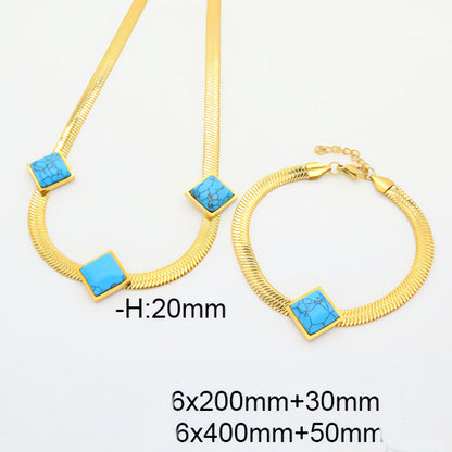Gold snake chain necklace and matching bracelet set with square blue turquoise inlays, shown on a white background with size text overlays.