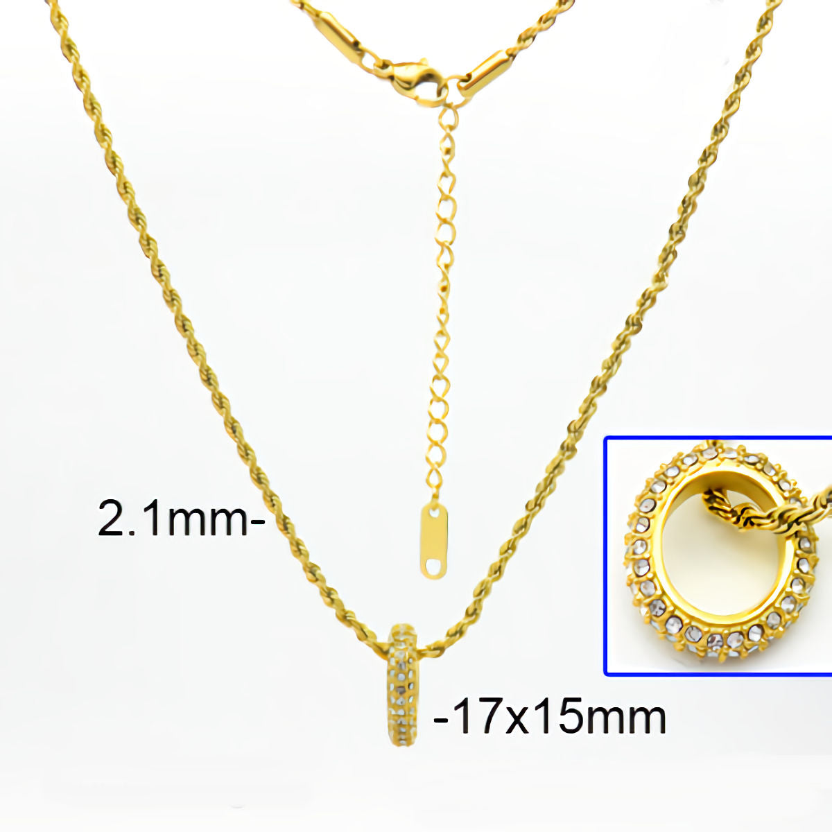Gold necklace with chain and pendant on a white background