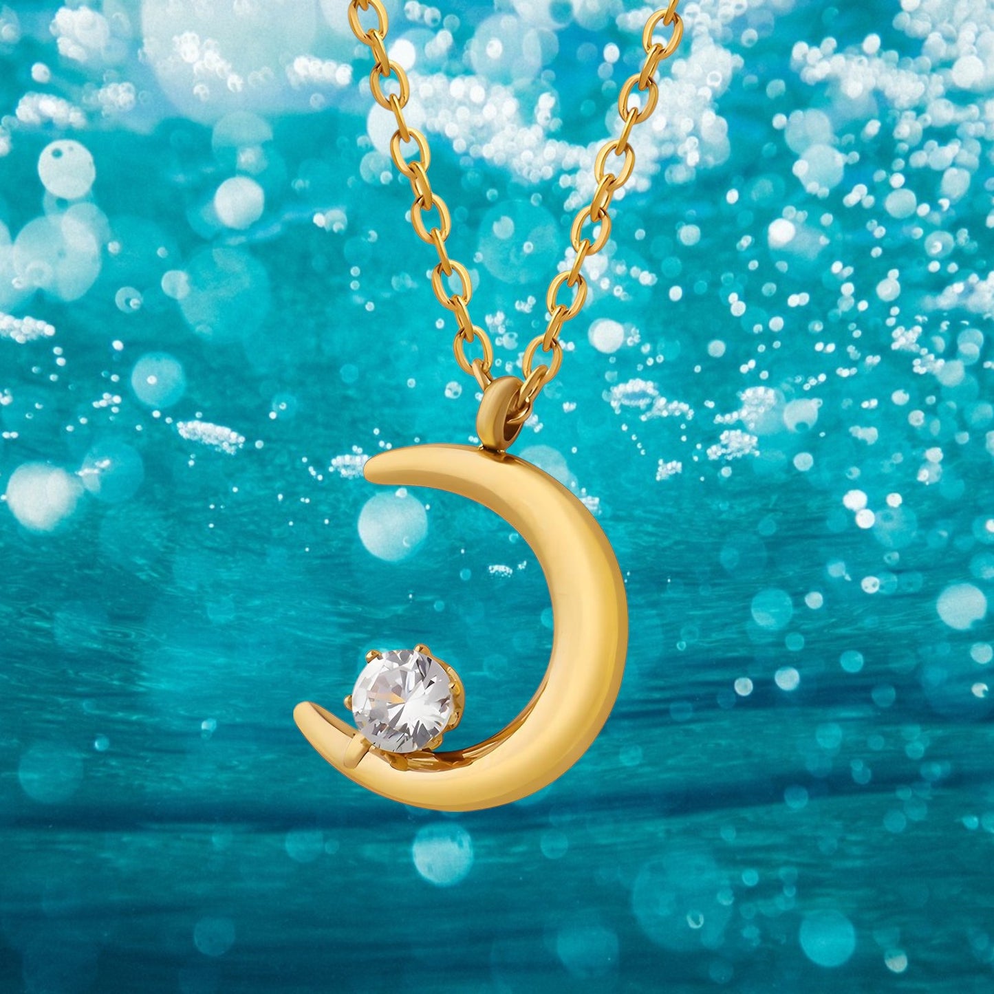 Crescent Moon Necklace 18K Gold Plated Stainless Steel with Cubic zirconia