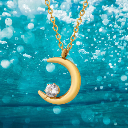 Crescent Moon Necklace 18K Gold Plated Stainless Steel with Cubic zirconia