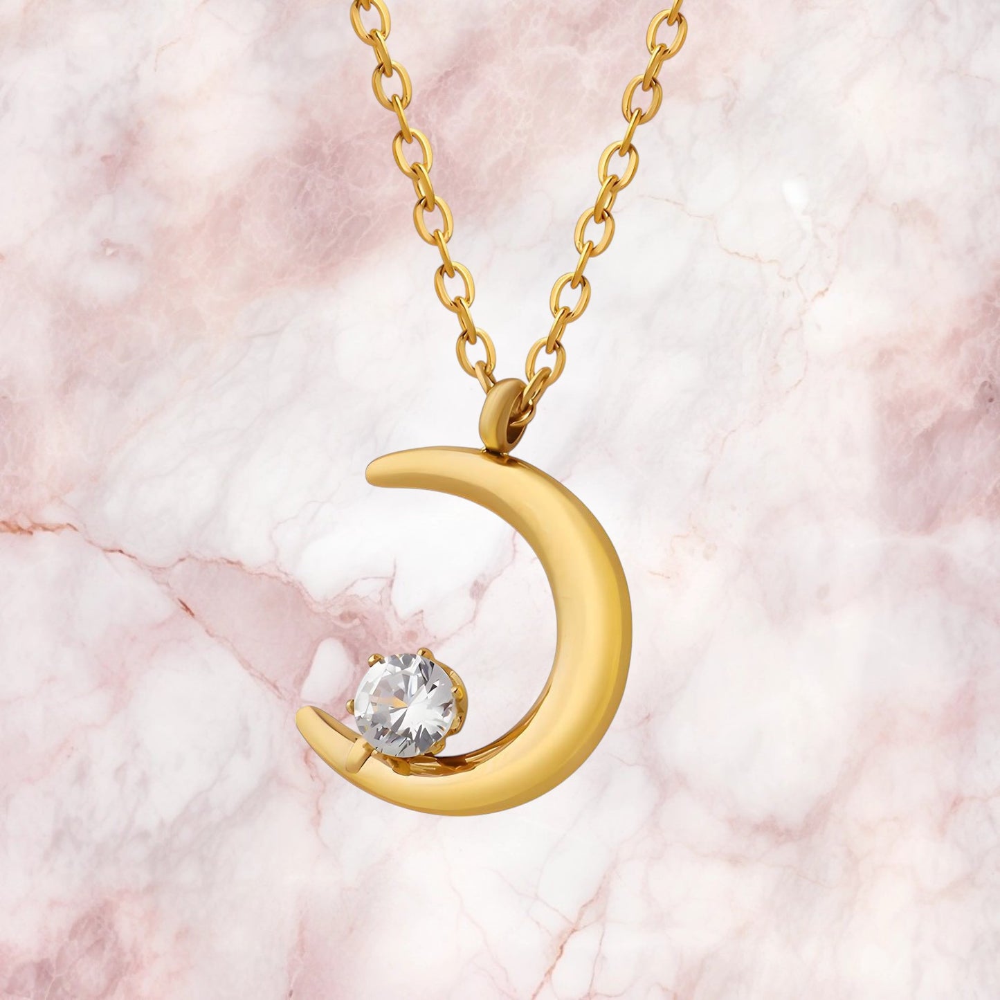 Crescent Moon Necklace 18K Gold Plated Stainless Steel with Cubic zirconia