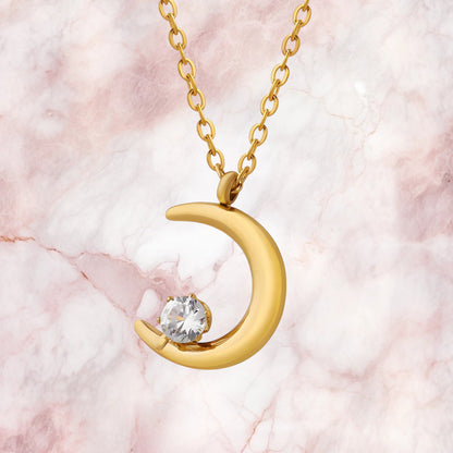 Crescent Moon Necklace 18K Gold Plated Stainless Steel with Cubic zirconia