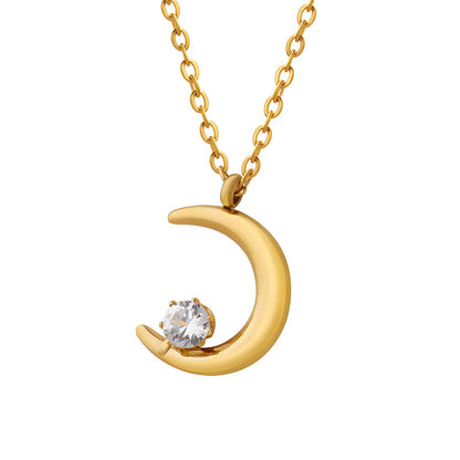 Crescent Moon Necklace 18K Gold Plated Stainless Steel with Cubic zirconia