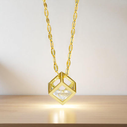 Cube Cage Cubic Zirconia Necklace 18K Gold Plated Stainless Steel