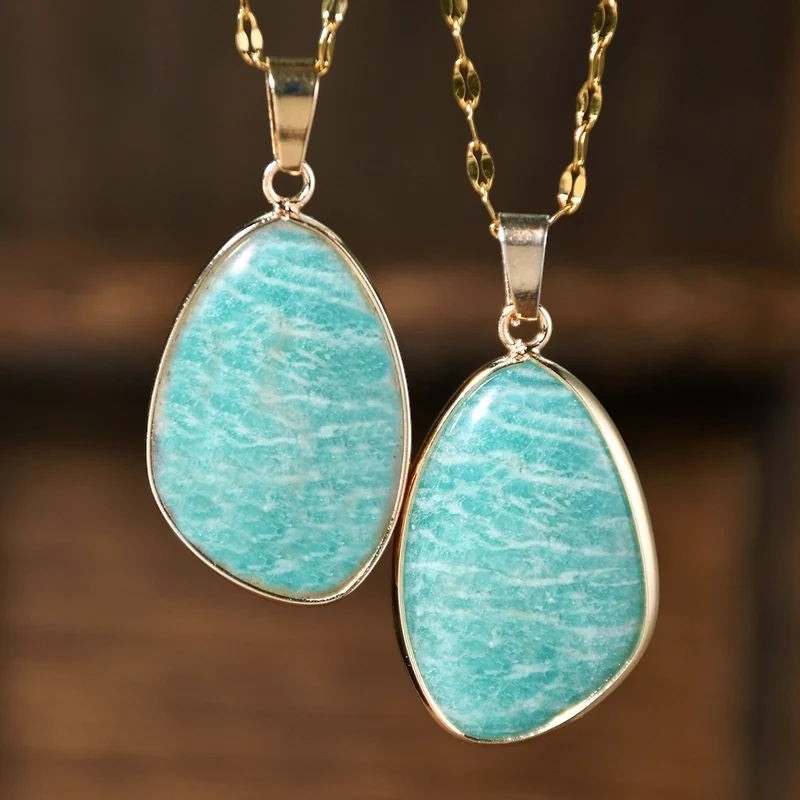 Beautiful amazonite teardrop pendant necklace in 18 Karat Gold plated stainless steel, beautiful, tarnish-resistant, hypoallergenic.