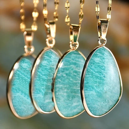 Beautiful amazonite teardrop pendant necklace in 18 Karat Gold plated stainless steel, beautiful, tarnish-resistant, hypoallergenic.