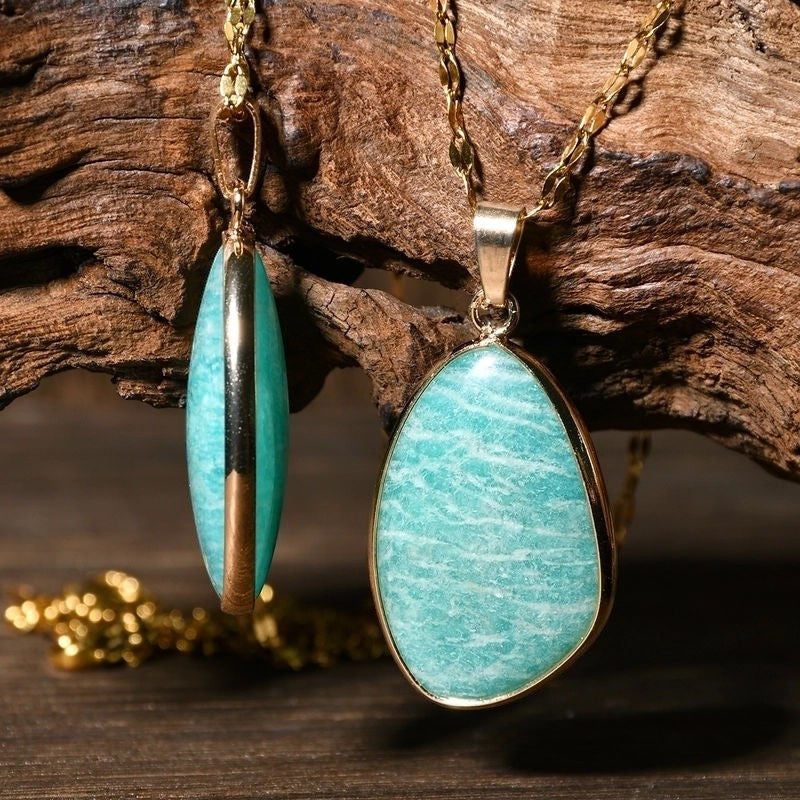 Beautiful amazonite teardrop pendant necklace in 18 Karat Gold plated stainless steel, beautiful, tarnish-resistant, hypoallergenic.