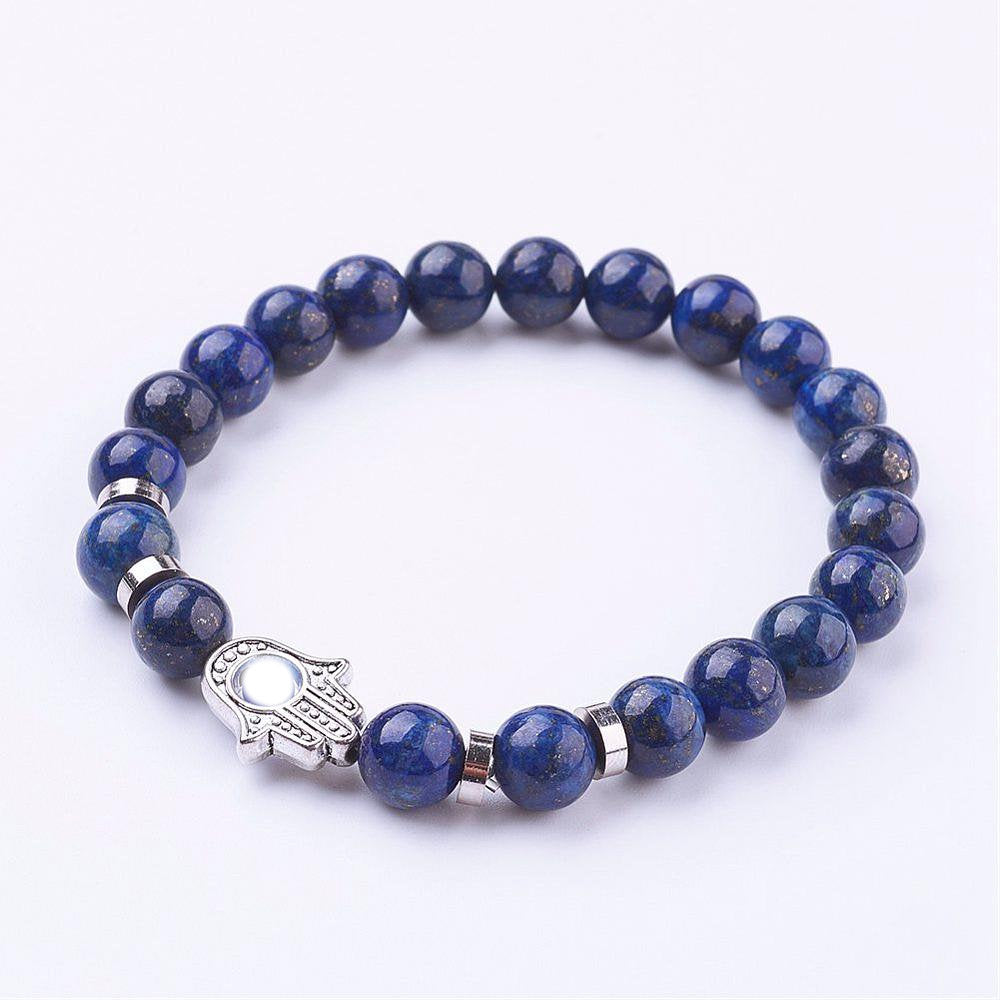Natural Lapis Lazuli Stretch Bracelet with Hamsa Hand/Hand of Fatima/Hand of Miriam