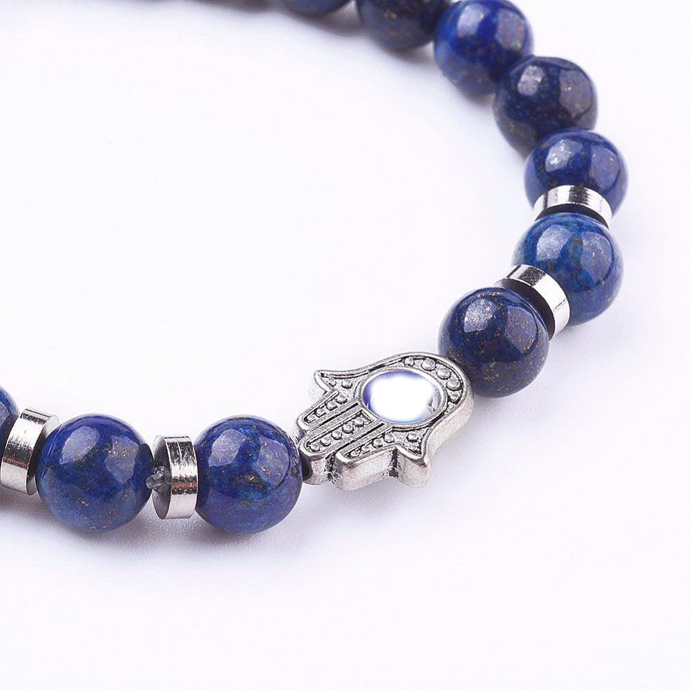 Natural Lapis Lazuli Stretch Bracelet with Hamsa Hand/Hand of Fatima/Hand of Miriam