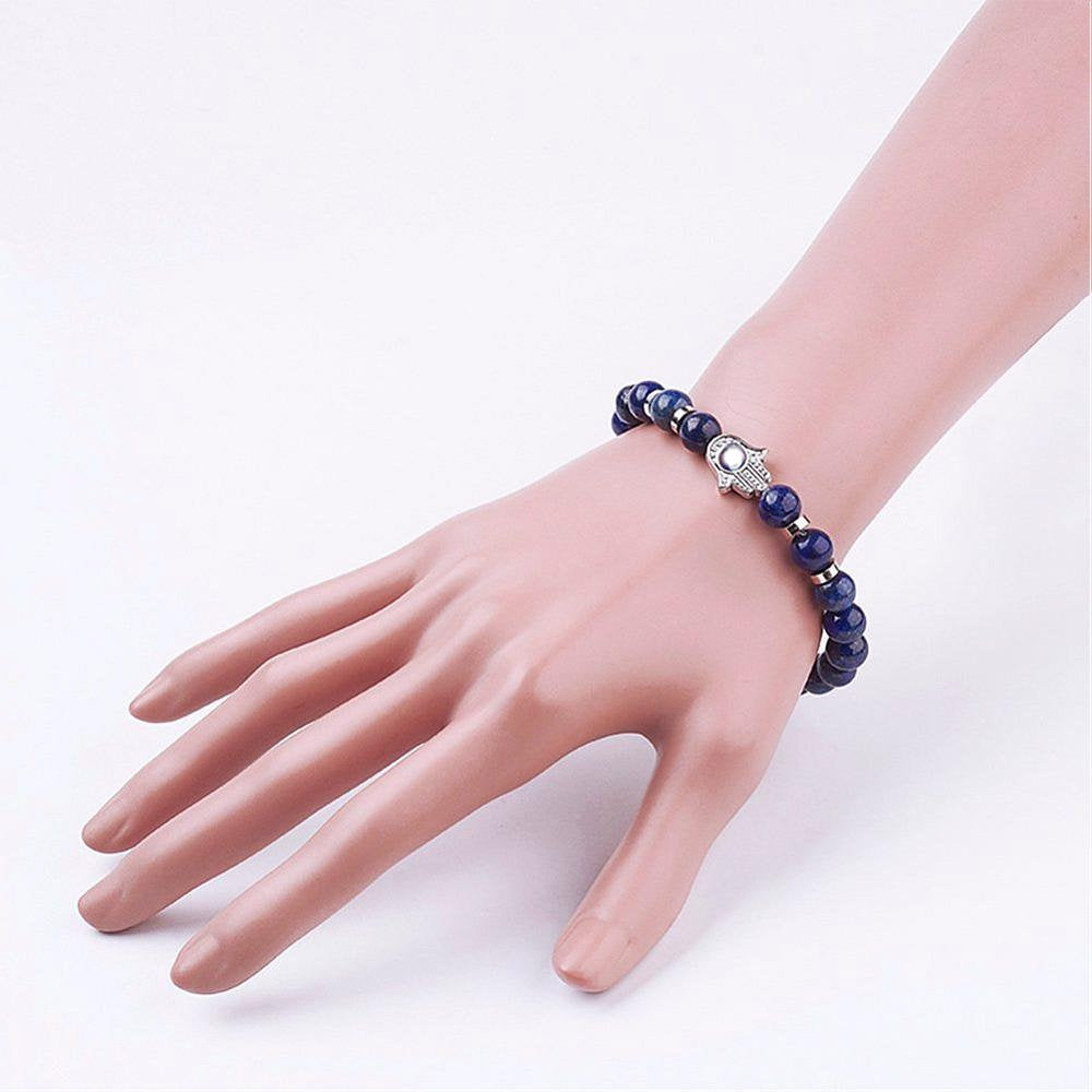 Natural Lapis Lazuli Stretch Bracelet with Hamsa Hand/Hand of Fatima/Hand of Miriam