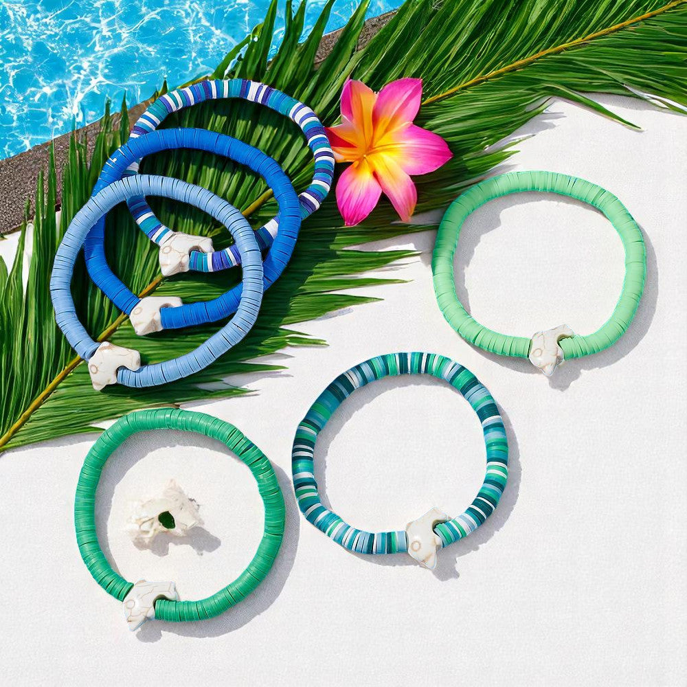 Heishi Surfer Stretch Stack Bracelets Polymer Clay beads with dolphin charm