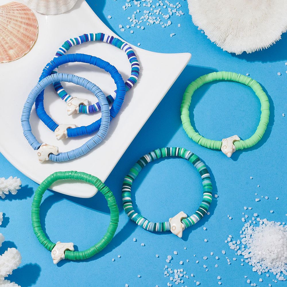 Heishi Surfer Stretch Stack Bracelets Polymer Clay beads with dolphin charm