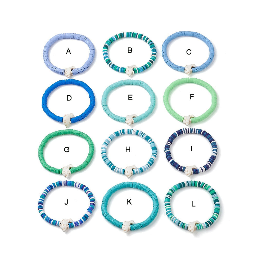 Heishi Surfer Stretch Stack Bracelets Polymer Clay beads with dolphin charm