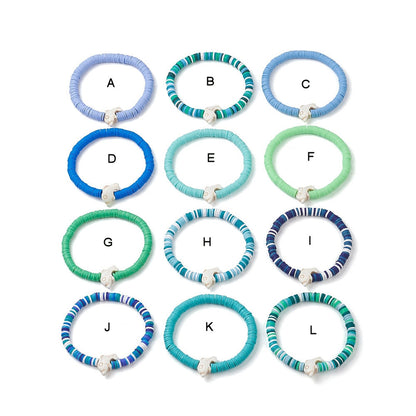 Heishi Surfer Stretch Stack Bracelets Polymer Clay beads with dolphin charm