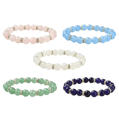 Natural Gemstone Round Beaded Stretch Bracelet, Green Aventurine, Malaysia Jade, White Jade, Rose Quartz, Amethyst