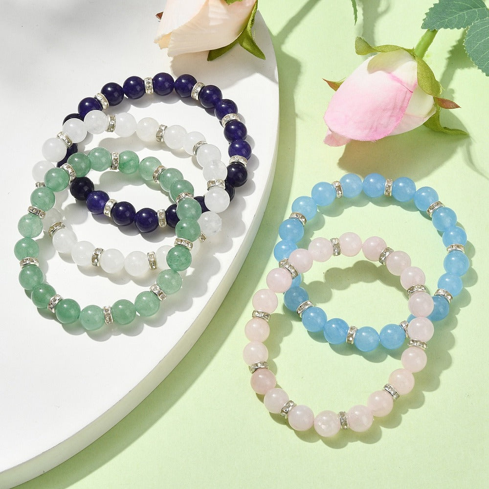 Natural Gemstone Round Beaded Stretch Bracelet, Green Aventurine, Malaysia Jade, White Jade, Rose Quartz, Amethyst