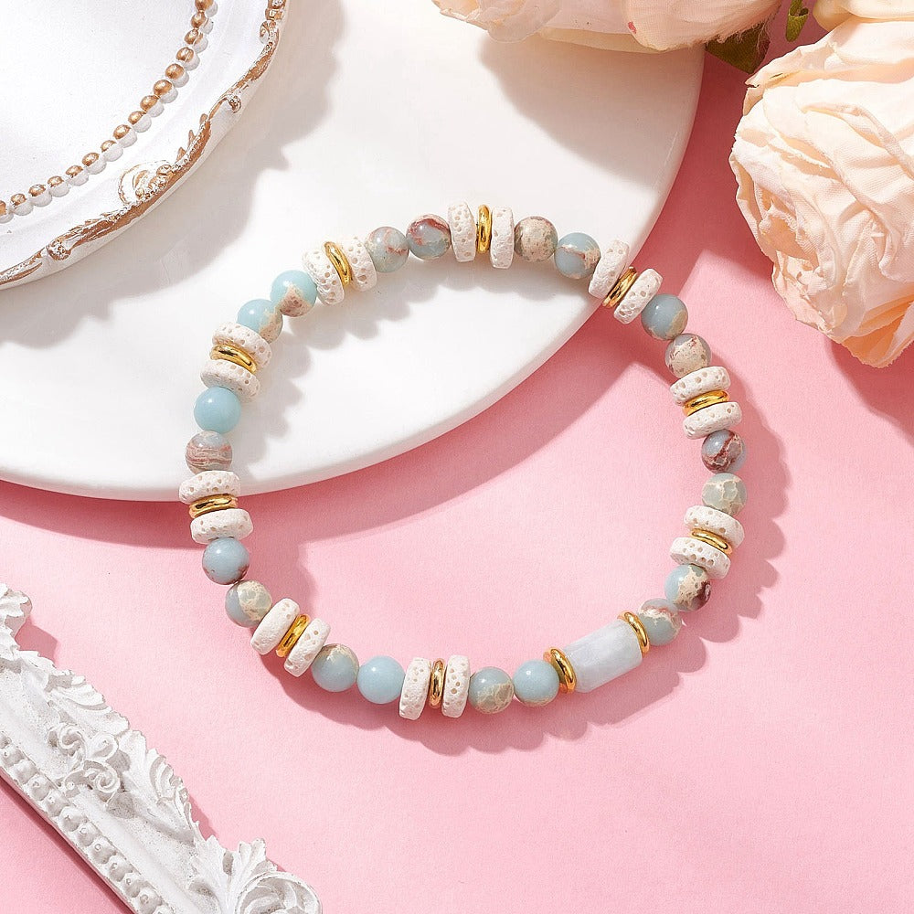 Natural Lava Rock and Synthetic Aqua Terra Jasper plus Natural Aquamarine Beads Stretch Bracelet