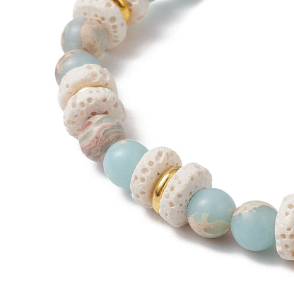 Natural Lava Rock and Synthetic Aqua Terra Jasper plus Natural Aquamarine Beads Stretch Bracelet