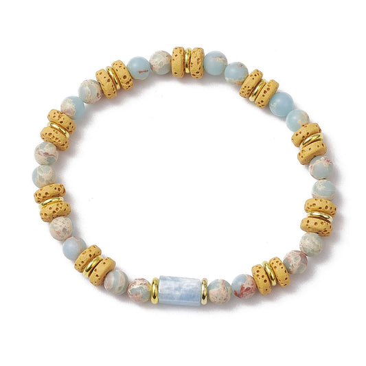 Natural Yellow Lava Rock and Synthetic Aqua Terra Jasper plus Natural Aquamarine Beads Stretch Bracelet