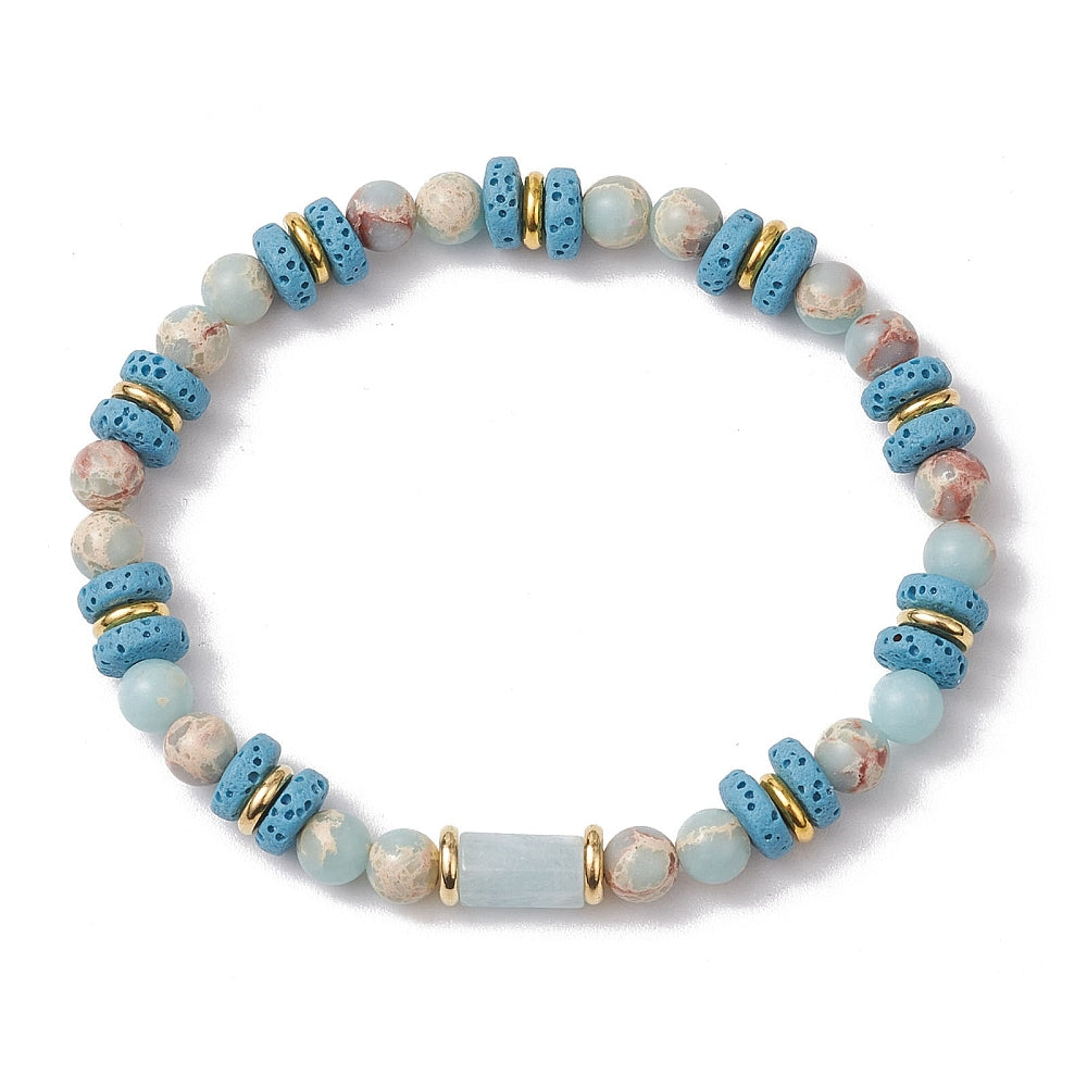Natural Lava Rock, Synthetic Aqua Terra Jasper and Natural Aquamarine Beads Stretch Bracelets, light blue