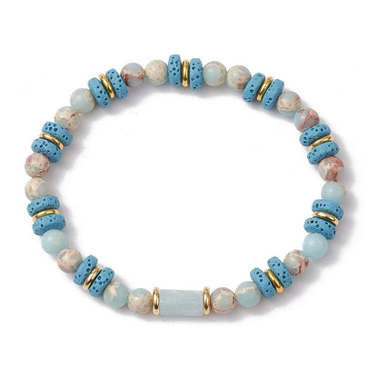 Natural Lava Rock, Synthetic Aqua Terra Jasper and Natural Aquamarine Beads Stretch Bracelets, light blue