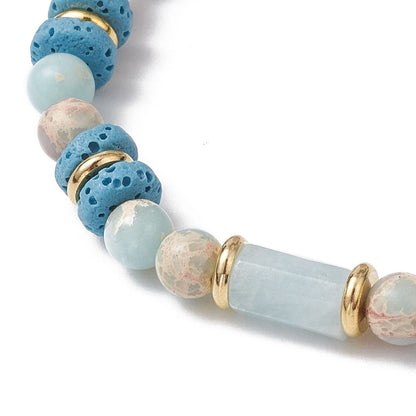 Natural Lava Rock, Synthetic Aqua Terra Jasper and Natural Aquamarine Beads Stretch Bracelets, light blue