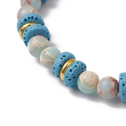 Natural Lava Rock, Synthetic Aqua Terra Jasper and Natural Aquamarine Beads Stretch Bracelets, light blue