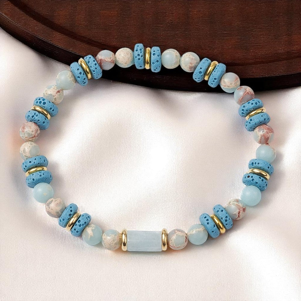 Natural Lava Rock, Synthetic Aqua Terra Jasper and Natural Aquamarine Beads Stretch Bracelets, light blue