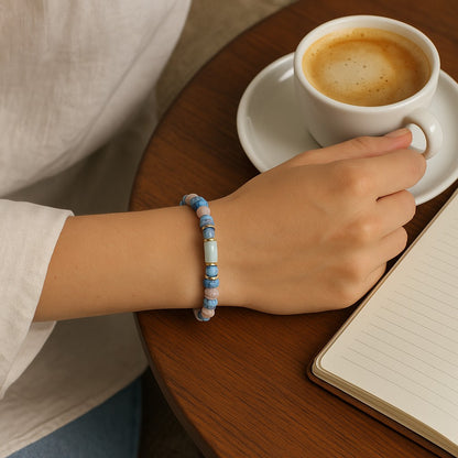Natural Lava Rock, Synthetic Aqua Terra Jasper and Natural Aquamarine Beads Stretch Bracelets, light blue